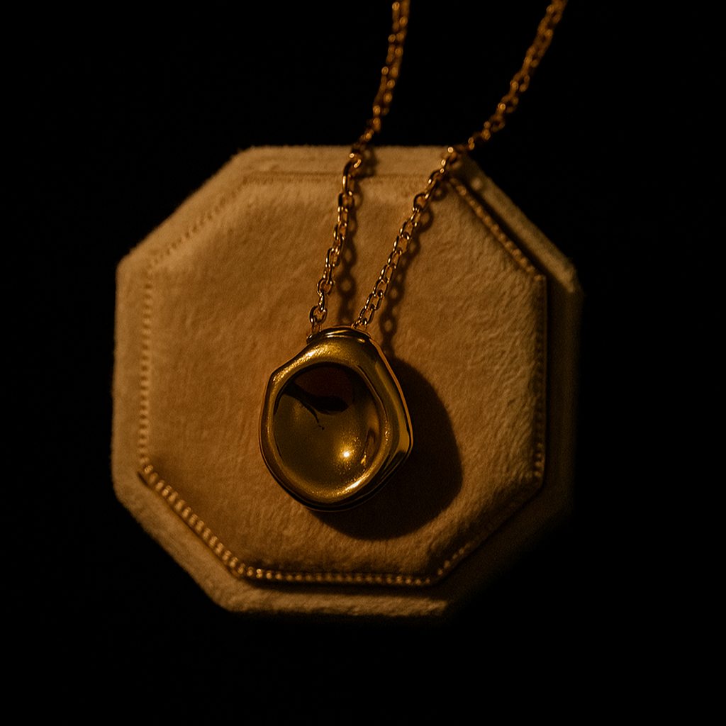 Hexagonal gold pendant on a chain against a black background