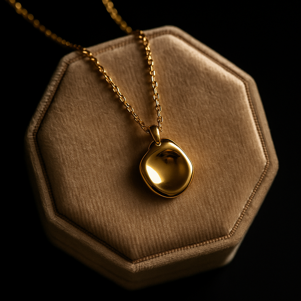 Gold necklace with a pendant on a brown hexagonal display stand against a black background