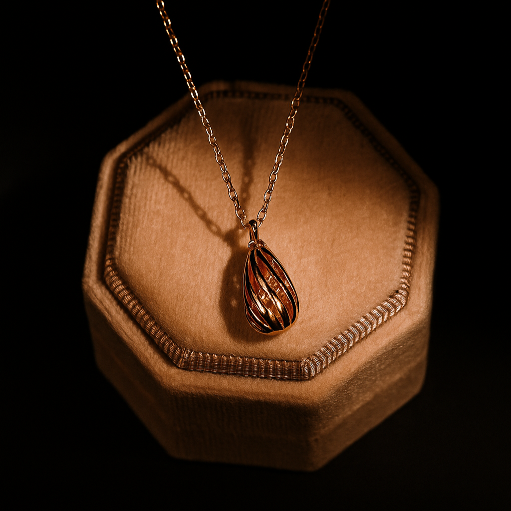 Necklace with a pendant on a wooden stand against a dark background