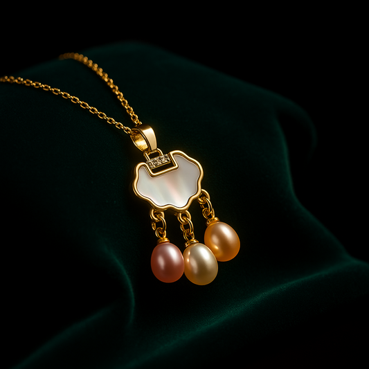 Gold necklace with a pendant featuring three pearls on a dark background