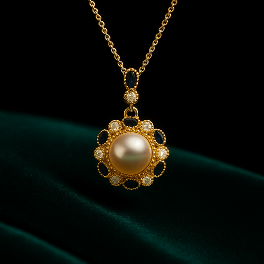 Gold necklace with a pearl pendant on a dark background