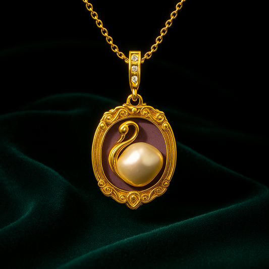 Gold necklace with a pendant featuring a swan design on a dark background