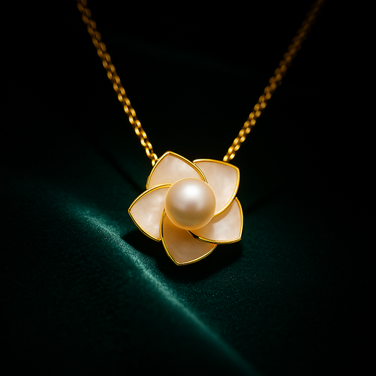 Gold necklace with a flower pendant featuring a pearl on a dark background