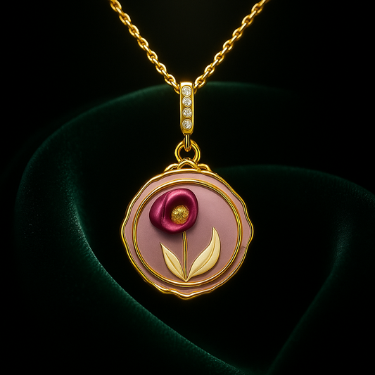 Gold necklace with a pendant featuring a pink flower design on a dark background