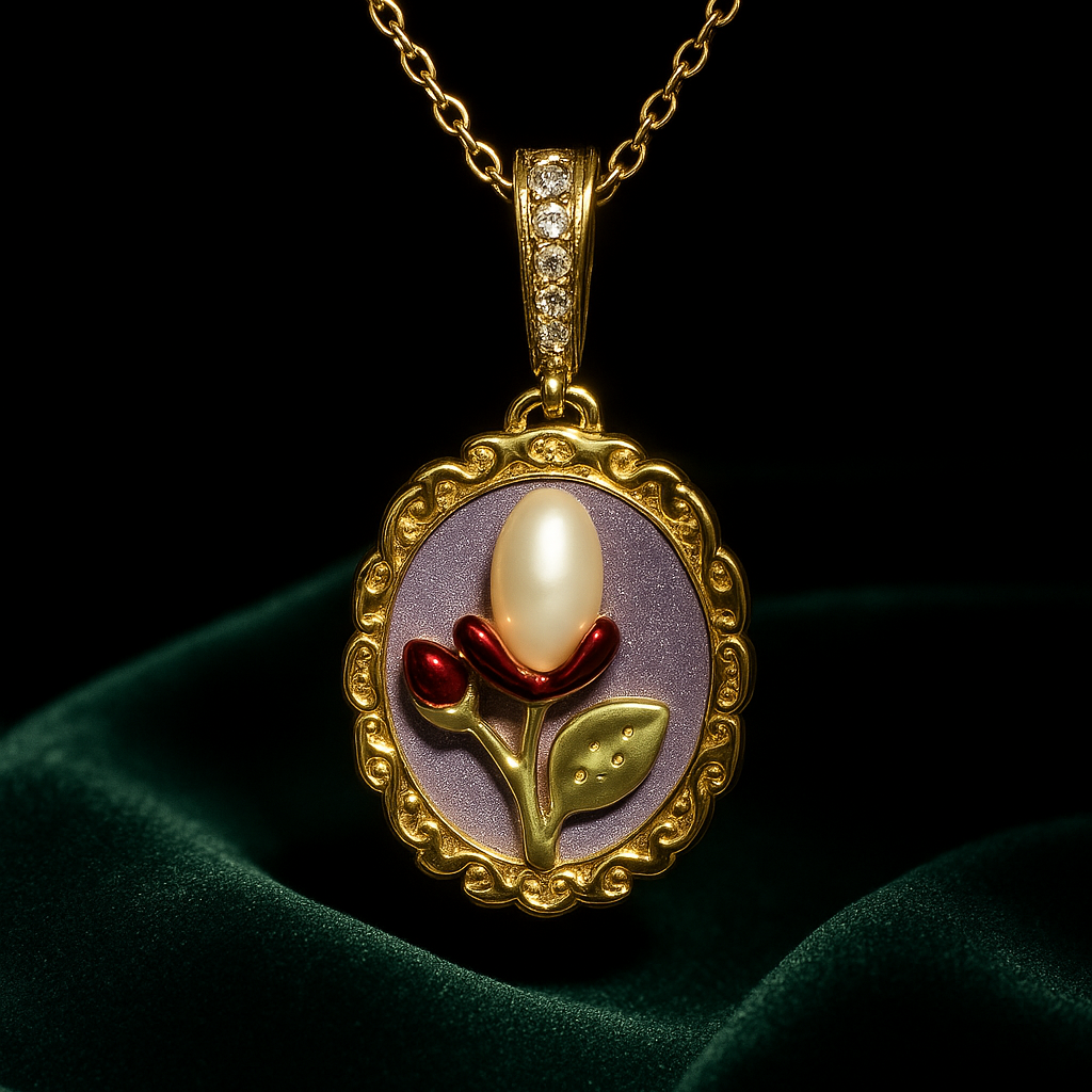 Gold pendant with floral design and pearl on a dark green fabric background