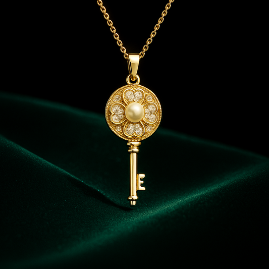 Gold key-shaped pendant with decorative elements on a dark background