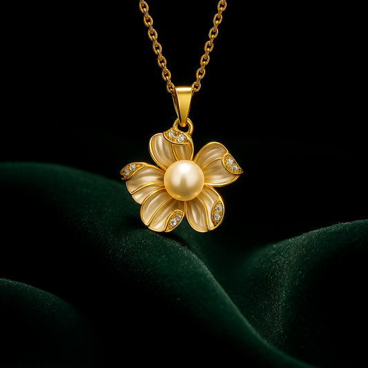 Gold flower-shaped pendant with a pearl on a dark background