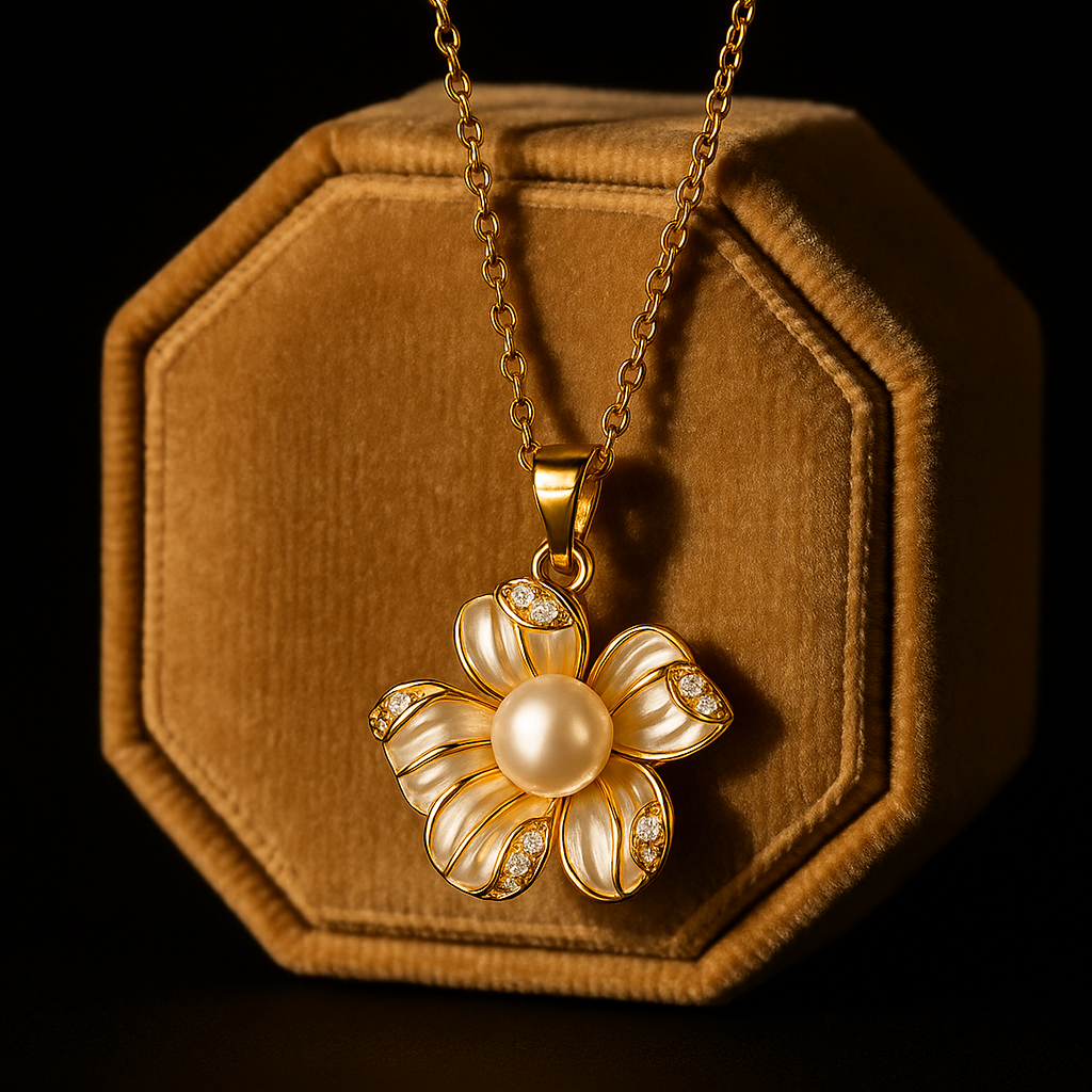 Gold necklace with a floral pendant on a brown velvet stand against a dark background