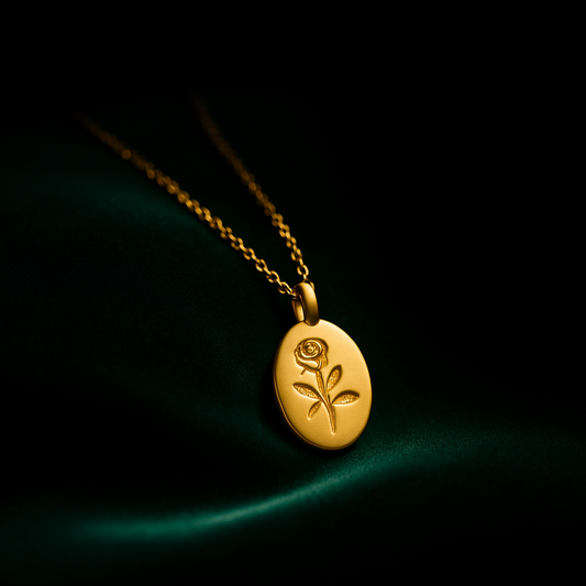 Gold necklace with a pendant featuring a rose design on a dark background