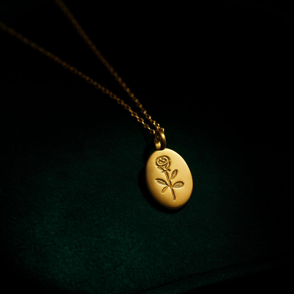 Gold necklace with a rose pendant on a dark background