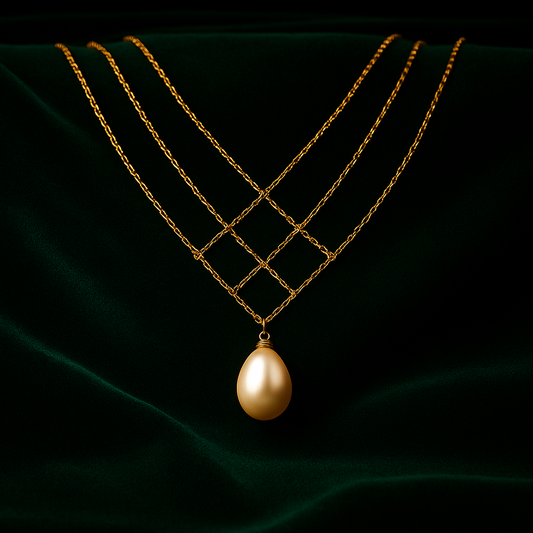 Gold necklace with a pearl pendant on a dark green fabric background