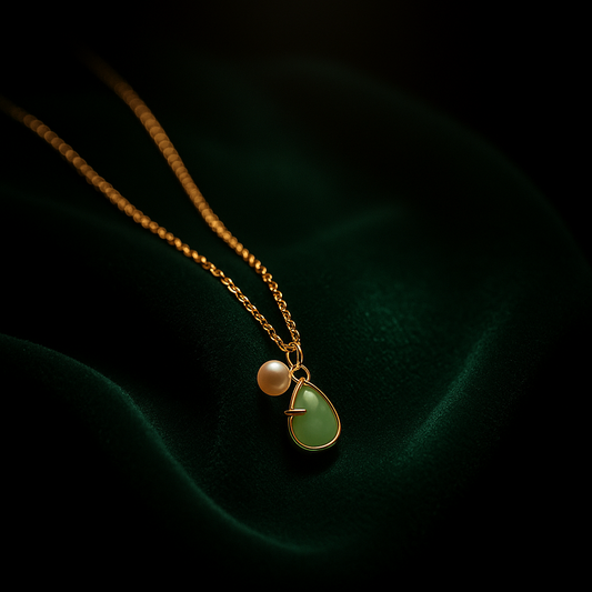 Necklace with a green pendant and pearl on a dark background