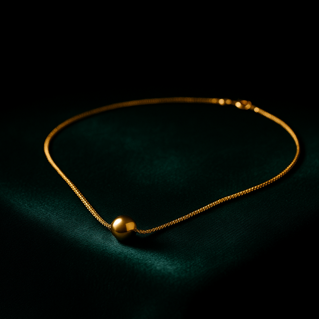 Gold necklace on a dark green surface