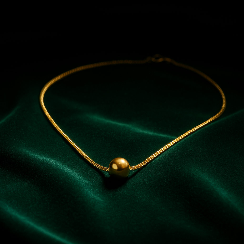 Gold necklace with a spherical pendant on a dark green fabric background