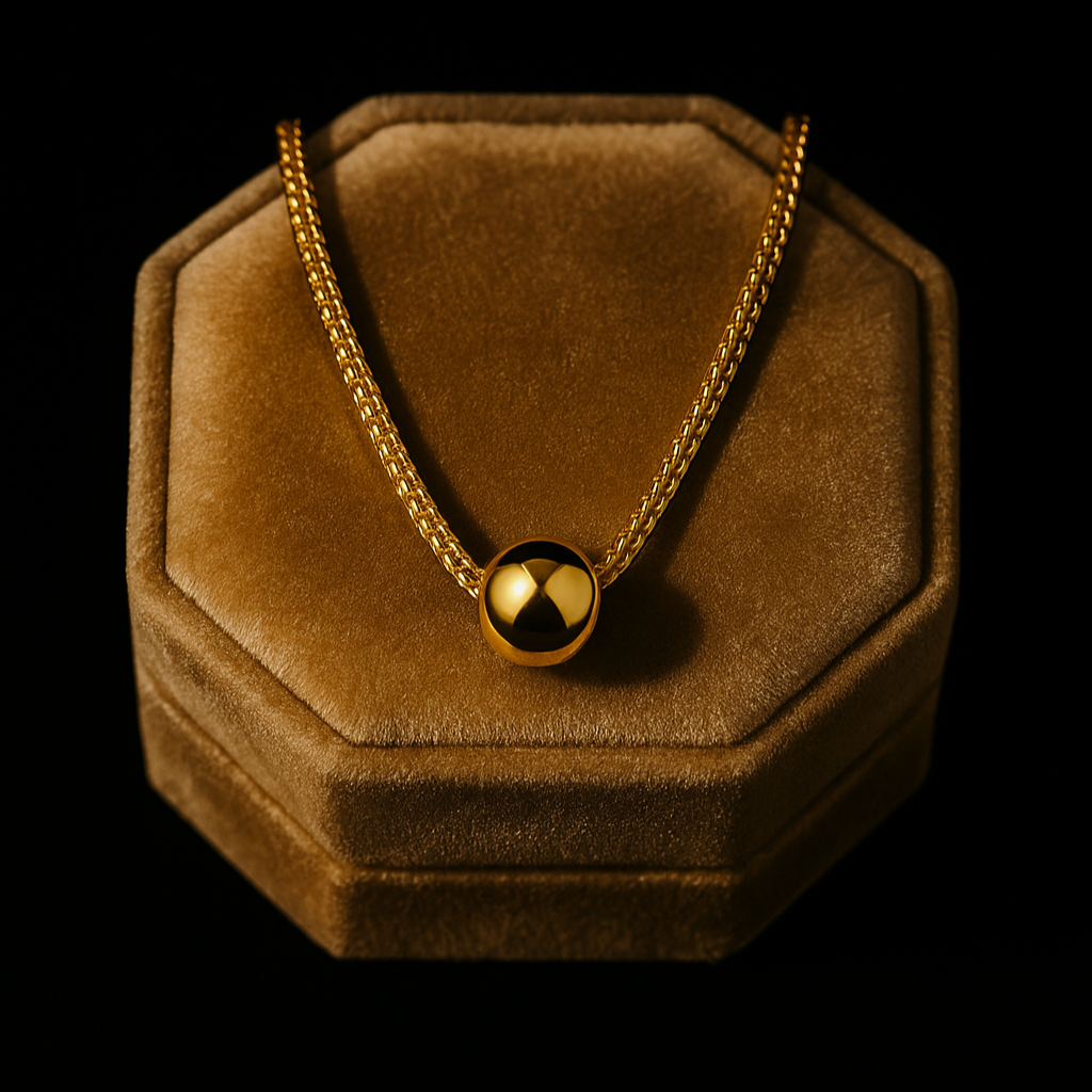 Gold necklace with a round pendant on a brown velvet stand against a black background