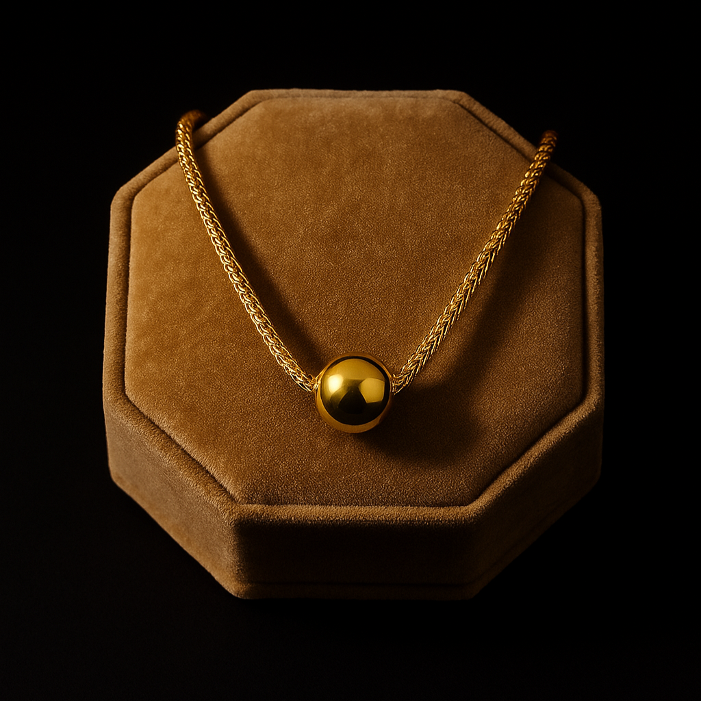 Gold necklace with a round pendant on a brown velvet display box against a black background