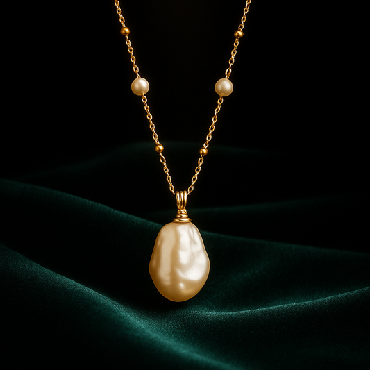 Pearl necklace with gold chain on a dark background