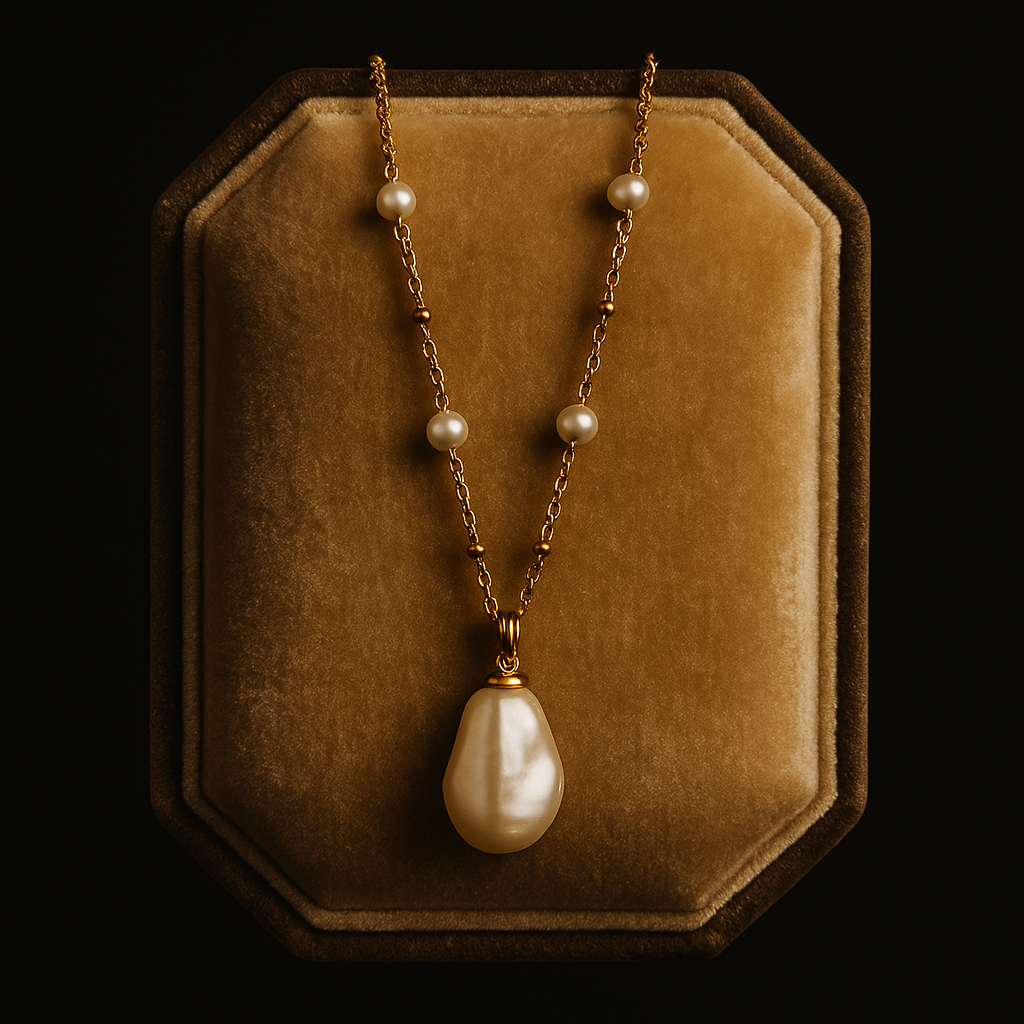 Pearl necklace on a brown velvet stand against a black background