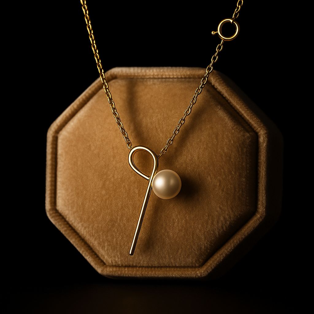 Necklace with a pendant on a brown hexagonal stand against a black background