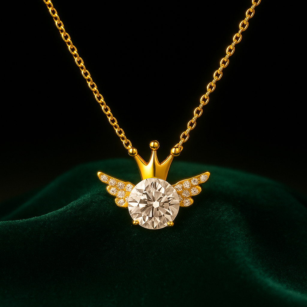 Gold necklace with a diamond pendant on a dark background
