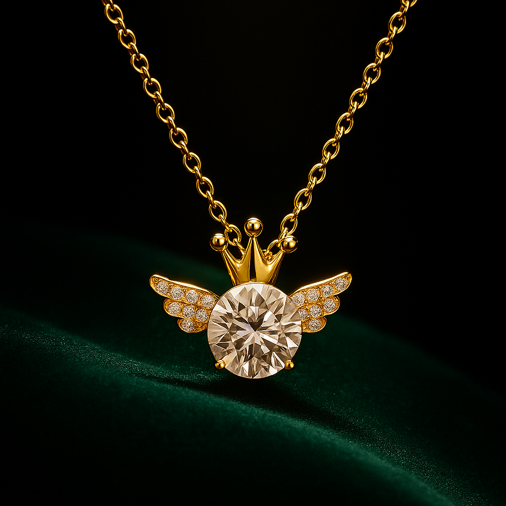 Gold necklace with a diamond pendant on a dark green fabric background