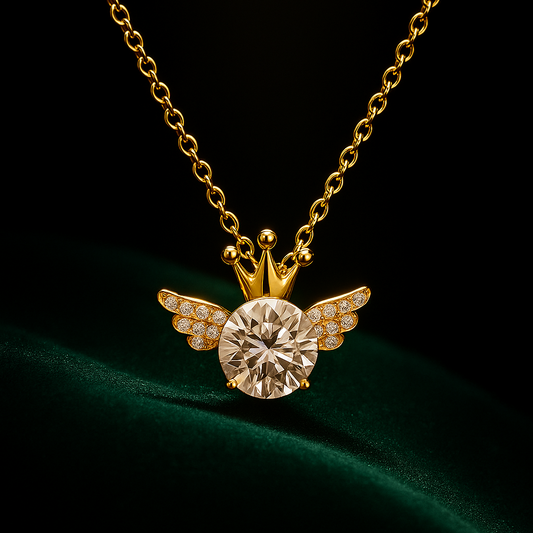 Gold necklace with a diamond pendant on a dark green fabric background