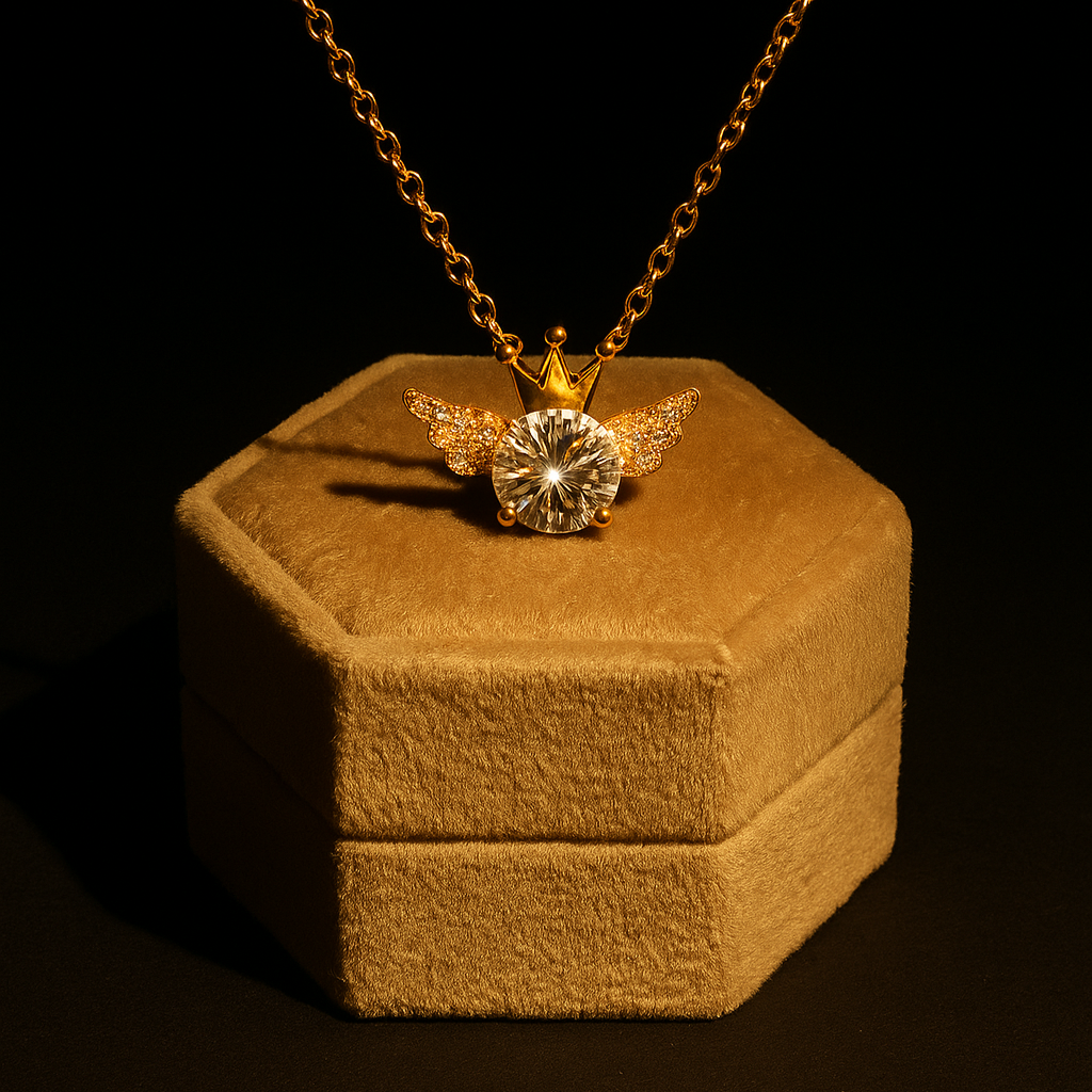 Gold necklace with a diamond pendant on a brown jewelry box against a black background