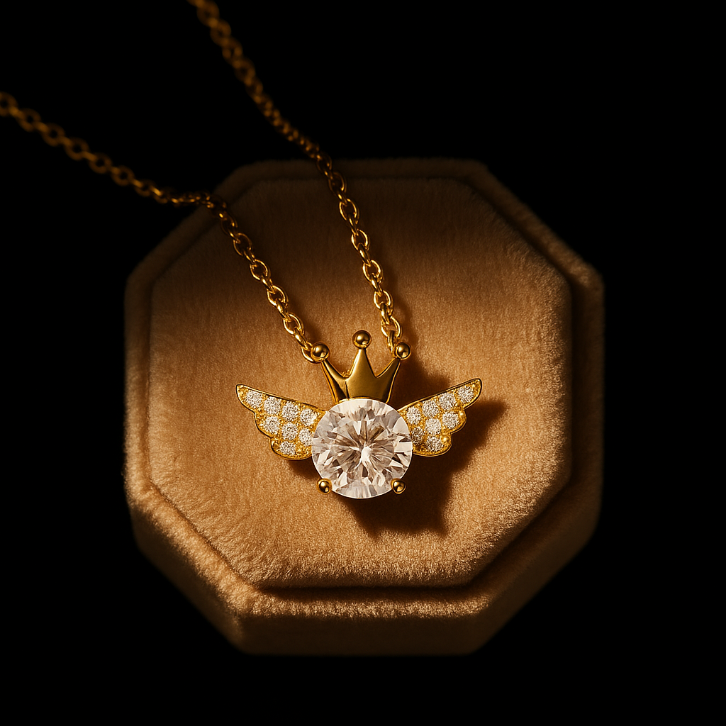 Gold necklace with a diamond pendant featuring wings and a crown on a brown hexagonal jewelry box.