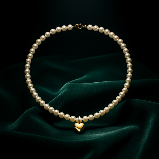 Pearl necklace with a gold heart pendant on a dark green fabric background