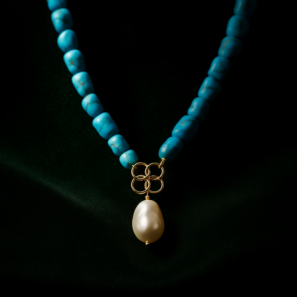 Turquoise beaded necklace with a pearl pendant on a black background