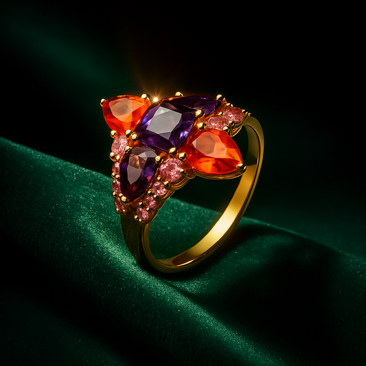 Gold ring with colorful gemstones on a green fabric background