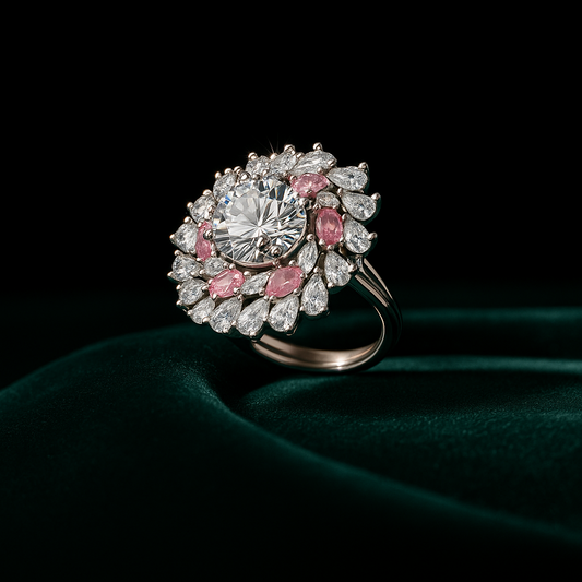 Elegant ring with pink gemstones on a dark background