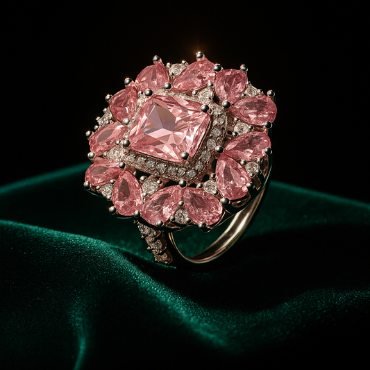 Pink gemstone ring with diamonds on a dark background