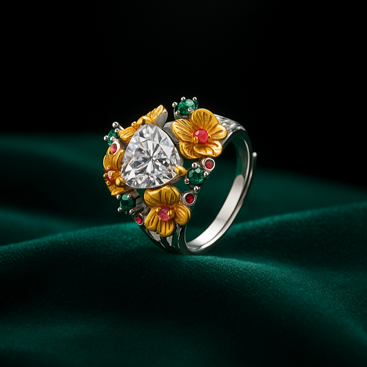 Silver ring with floral design and large diamond on a dark background