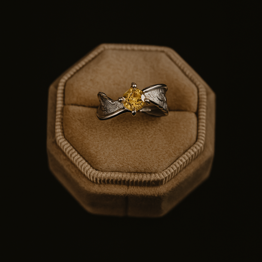 Ring with a yellow gemstone on a brown cushion against a black background