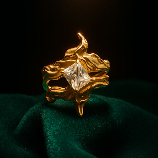 Gold ring with a diamond on a dark green fabric background