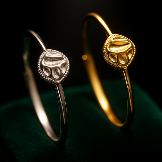 Gold and silver bangles on a dark background