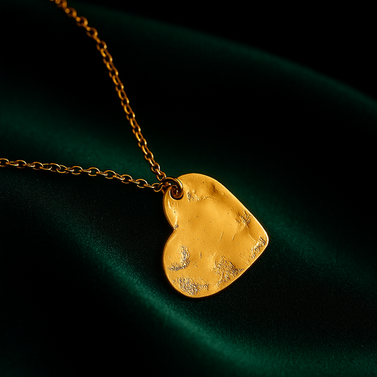 Gold heart-shaped pendant on a chain against a dark green fabric background