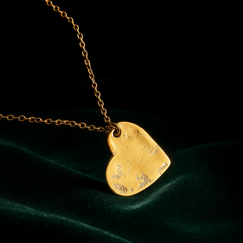 Gold heart-shaped pendant on a chain against a dark background