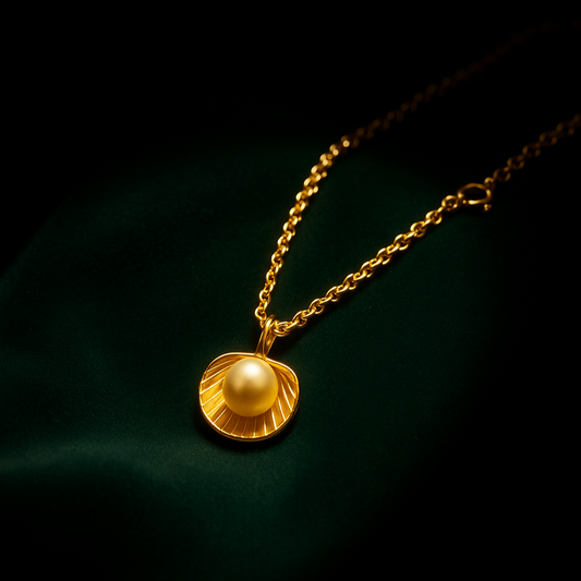 Gold necklace with a round pendant on a dark background