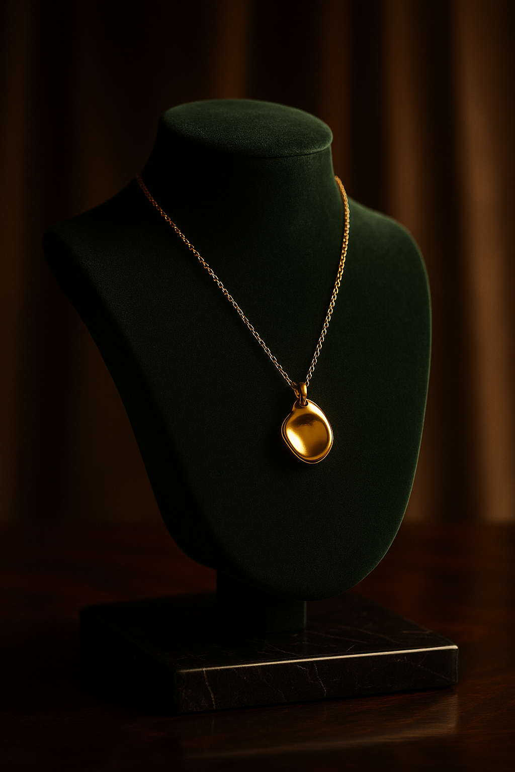 Gold necklace on a green velvet bust against a dark background