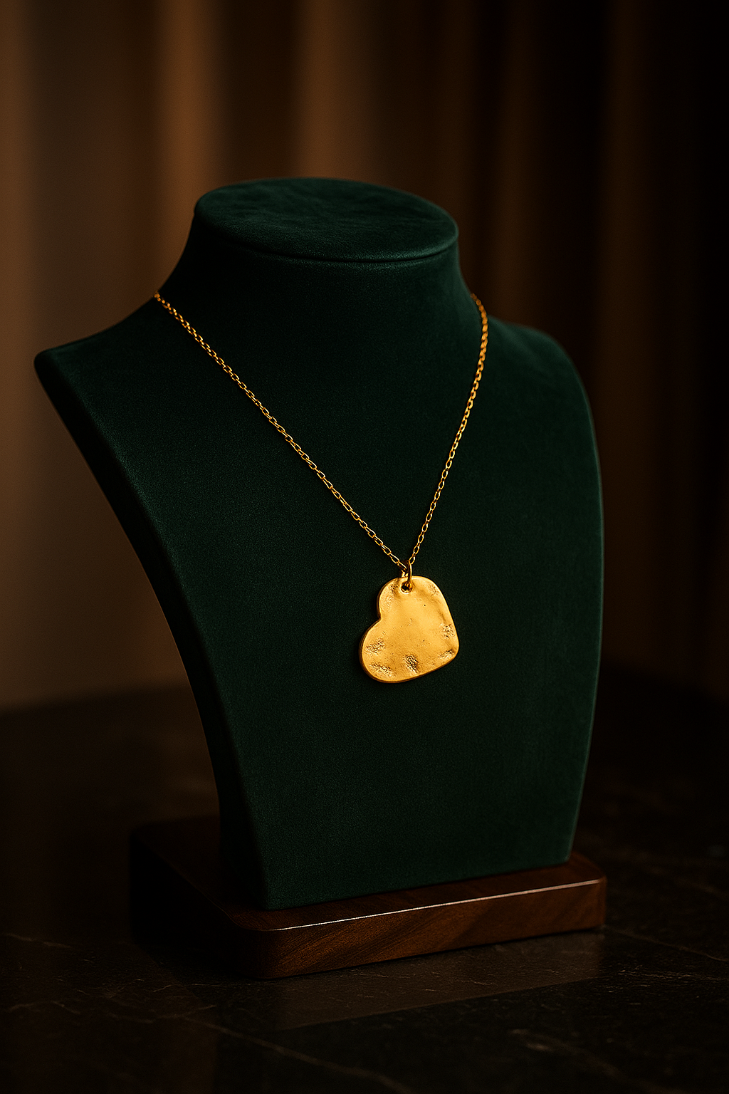 Gold necklace with a heart pendant on a green velvet mannequin against a dark background