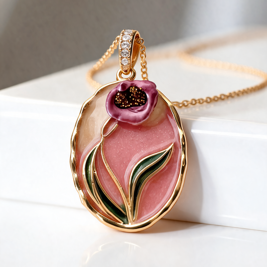 A gold oval pendant necklace featuring a stylized flower with a pink center, purple bloom, and green leaves, resting on a white surface with a soft gray background.