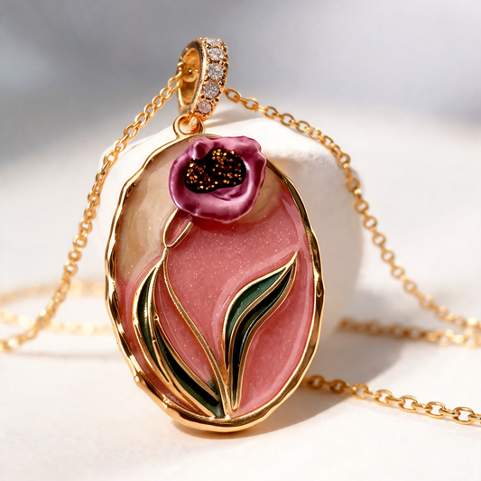A gold pendant necklace featuring a stylized tulip design with a pink and purple flower, green leaves, and a gold chain on a soft white background.