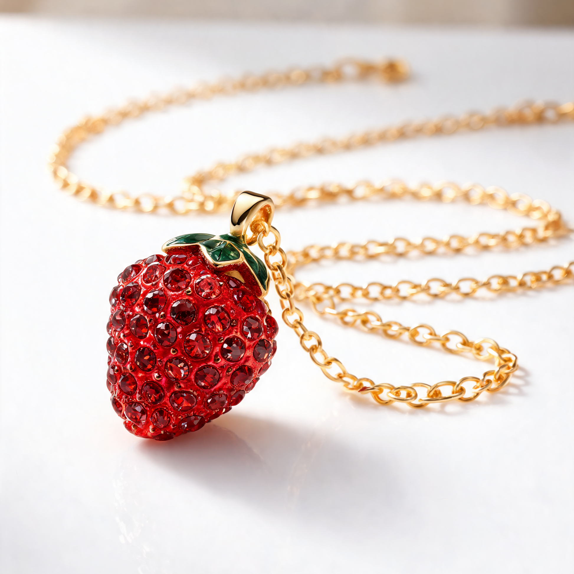 A gold chain necklace featuring a strawberry-shaped pendant encrusted with red rhinestones and accented with green leaves, displayed on a clean white surface.