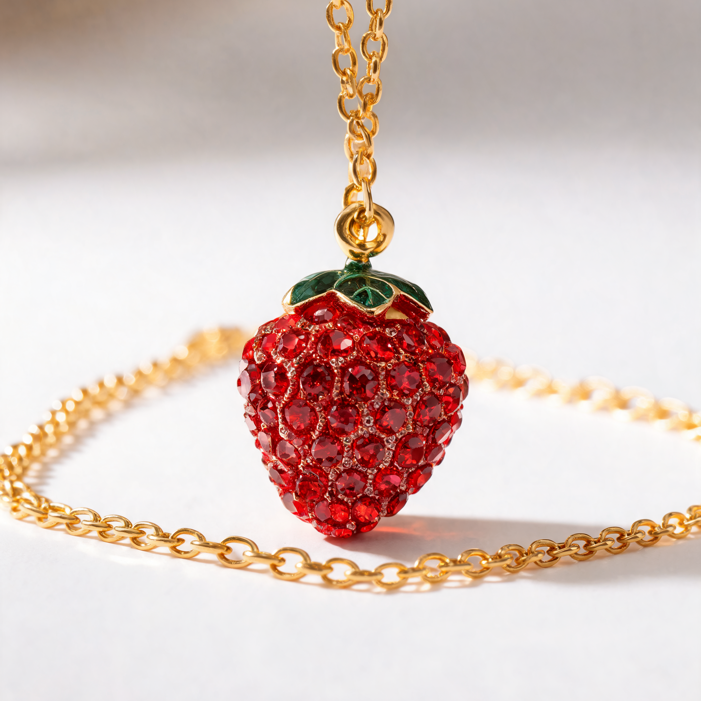A gold chain necklace featuring a strawberry-shaped pendant covered in red rhinestones with green enamel accents, displayed on a light gray surface.