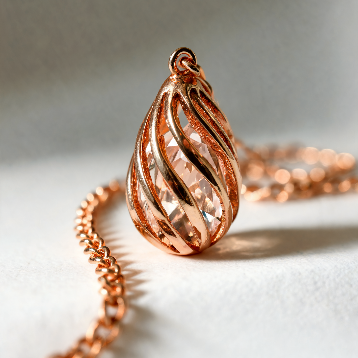 A close-up of a teardrop-shaped rose gold pendant necklace with a faceted clear crystal and a twisted, openwork design, resting on a light gray surface with a matching chain.