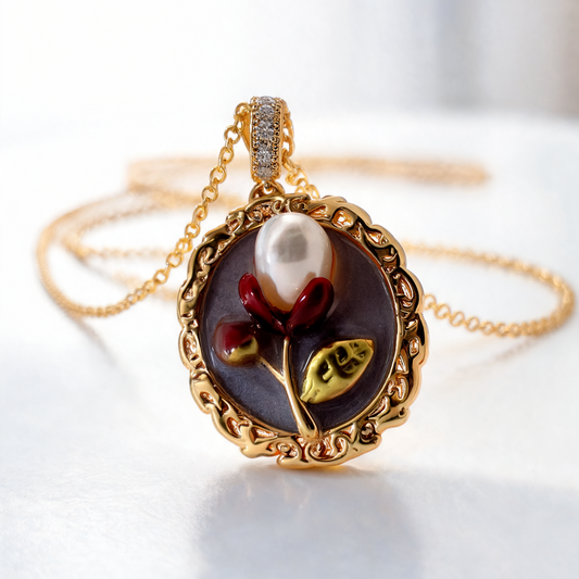 A gold pendant necklace featuring a dark oval background with a white pearl, red flower buds, and a gold leaf, suspended from a delicate gold chain.